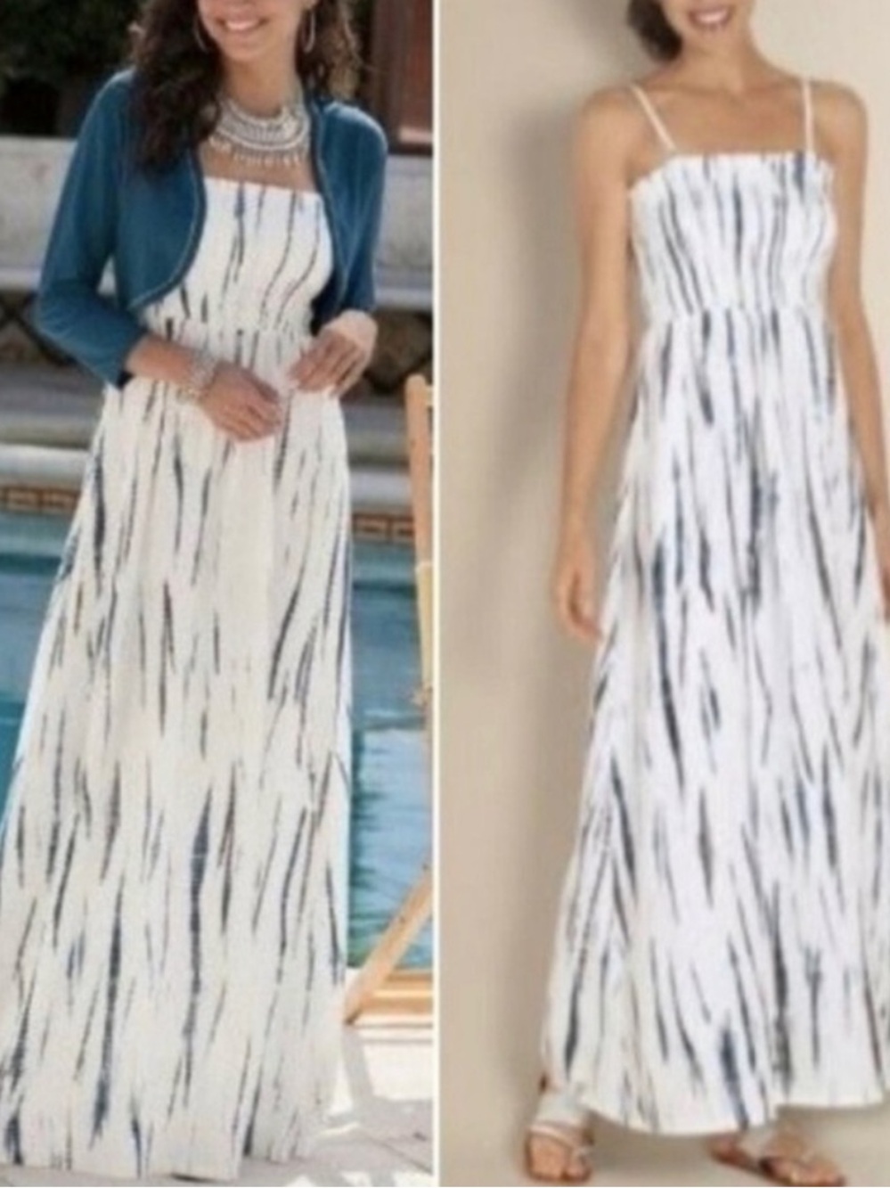 Soft Surroundings Ikat White Blue Maxi Dress L-XL Boho Summer